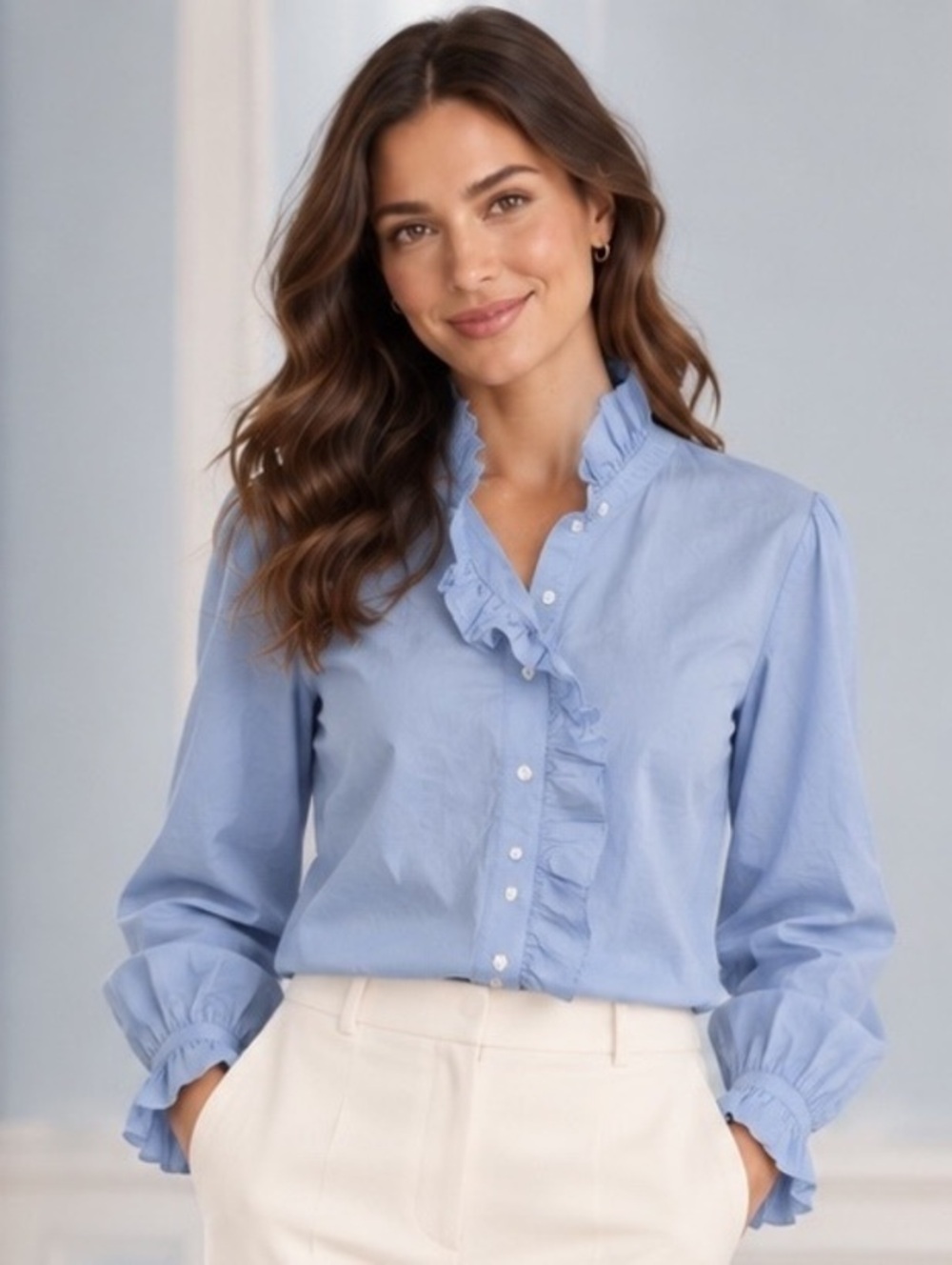 J.Crew Ruffle Trim Cotton Blouse Light Blue Size 18